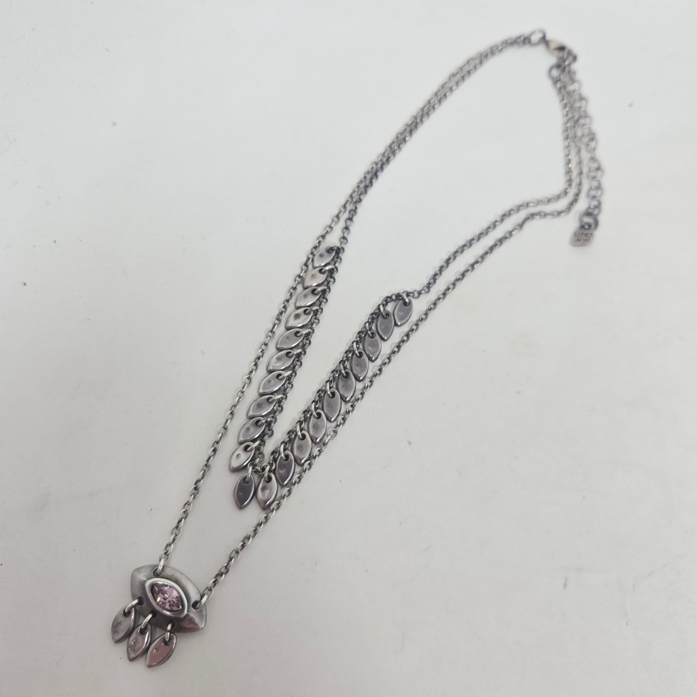 Uno de 50 Silver Plated Purple-Pink Crystal Multi Strand Leaf Charm Necklace